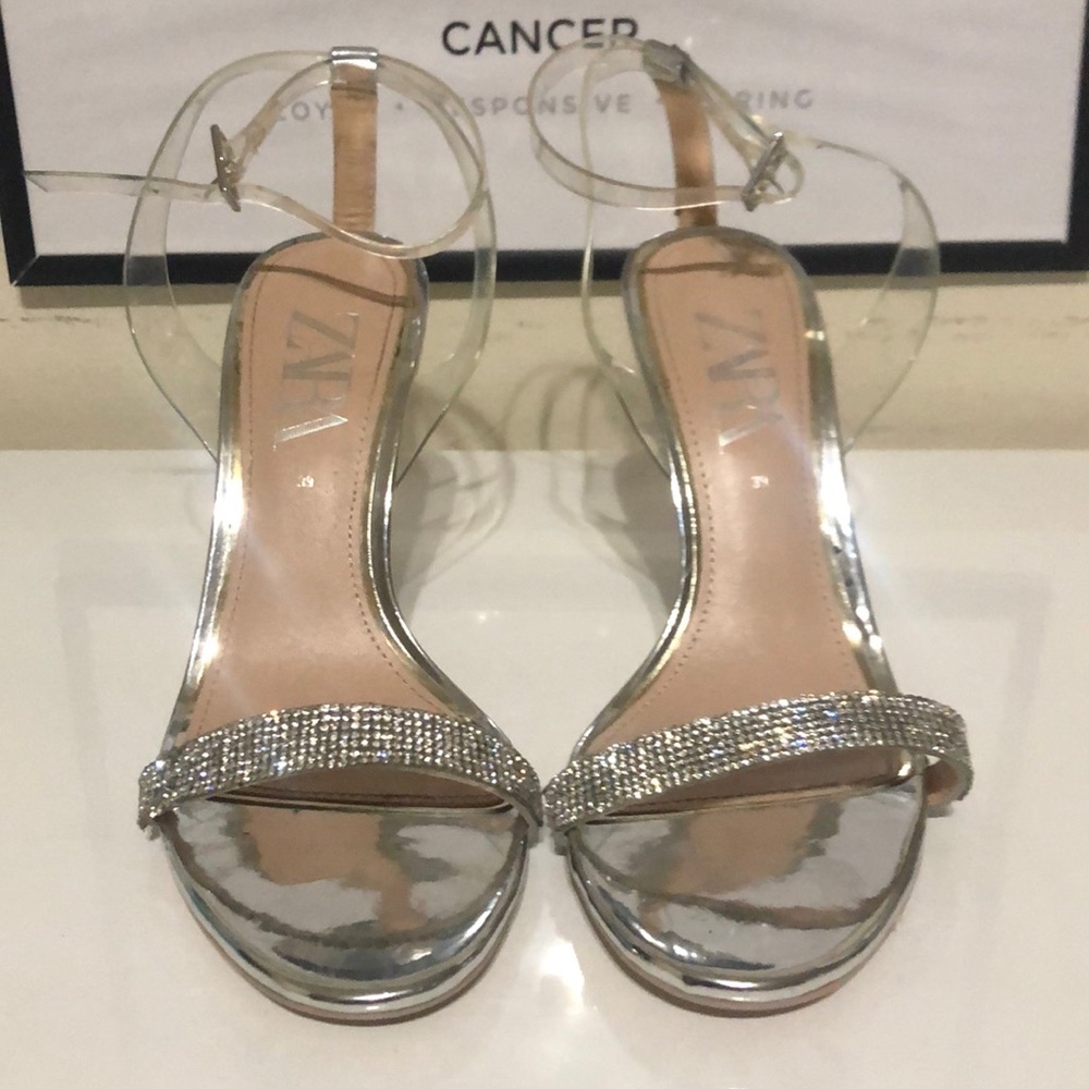 Zara Ankle Strap Clear and Silver high heel Sandal - Picture 2 of 6
